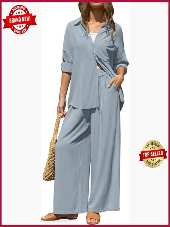 Pants - Linen 2 Piece Lounge Set Button Down Shirt Wide Leg Pants Vacation Outfit
